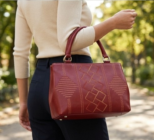 Elegant Burgundy Embroidered Satchel Handbag - Image 4