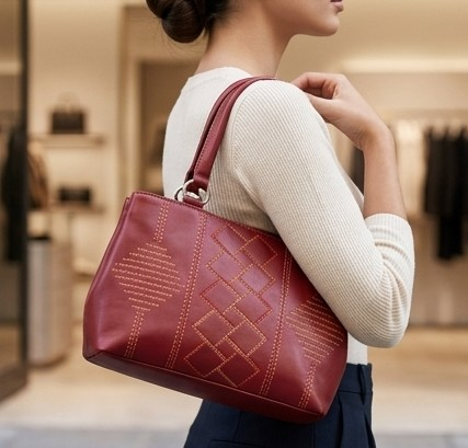 Elegant Burgundy Embroidered Satchel Handbag - Image 2