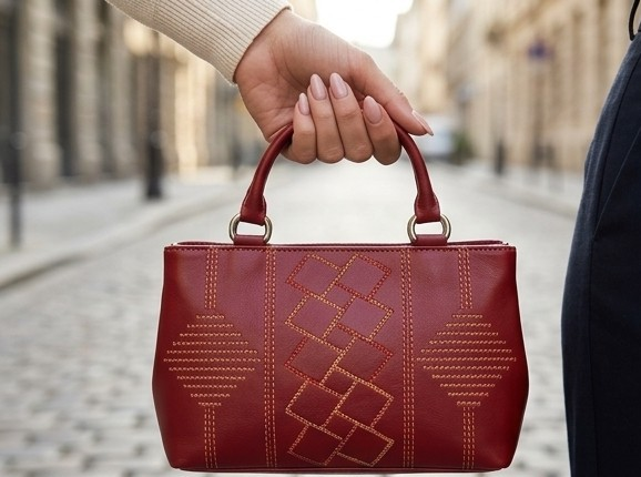 Elegant Burgundy Embroidered Satchel Handbag
