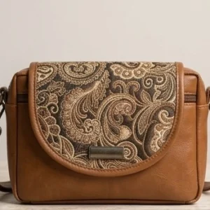 Classic Brown Crossbody with Floral Embroidery Flap