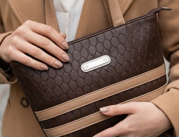 Elegant Women's Textured Faux Leather Handbag with Contrast Stripes - Image 3