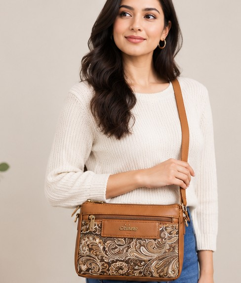 Women's Brown Vintage Tapestry Crossbody Bag - Image 4