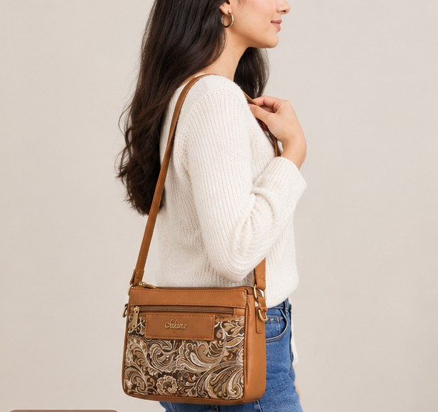 Women's Brown Vintage Tapestry Crossbody Bag - Image 3