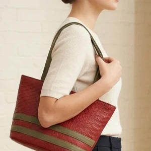 Women's Red Embossed Hexagon Tote Bag with Olive Green Accents
