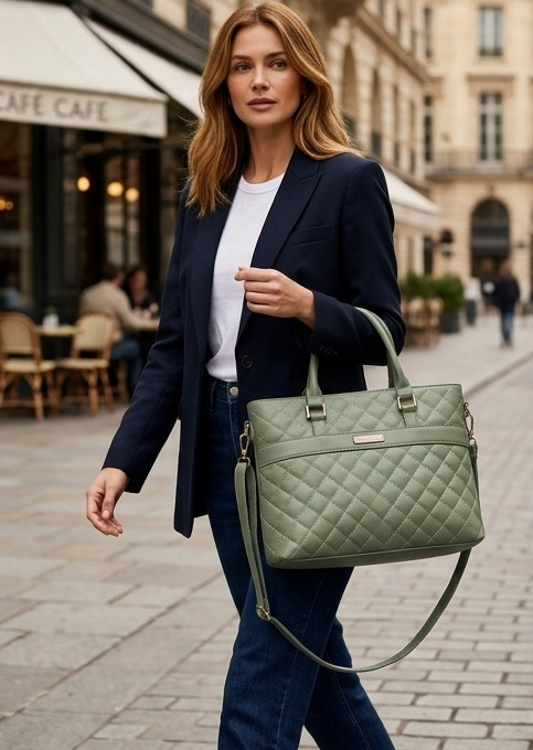 Premium Quilted Laptop Tote Bag - Sage Green Pricing - Image 2