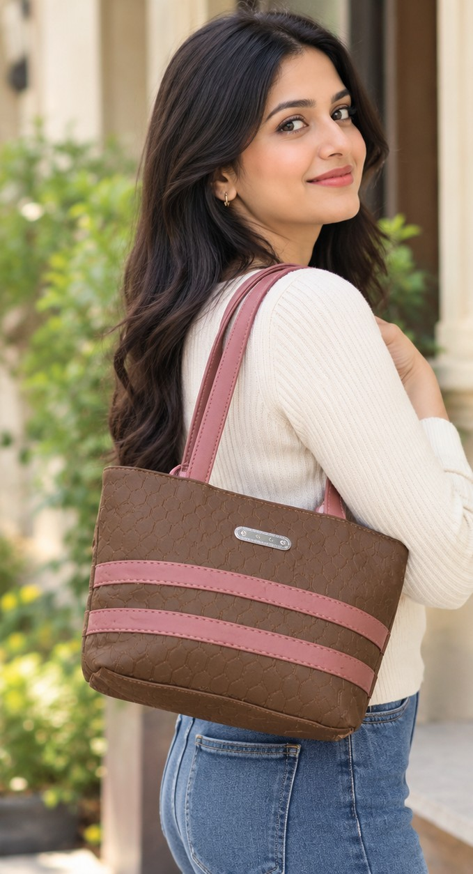 Women's Textured Geometric Shoulder Tote Bag - Brown & Pink - Image 3