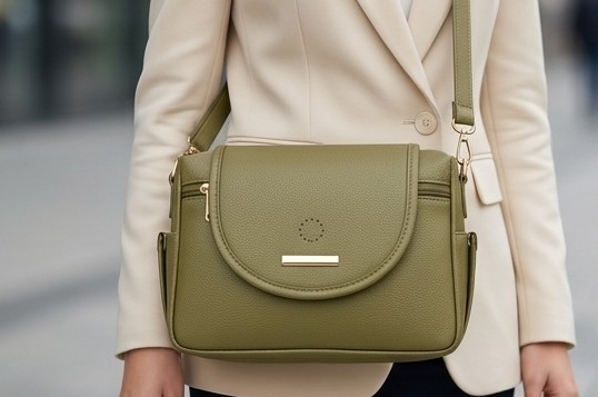 Olive Green Textured Faux Leather Crossbody Bag with Gold Hardware - Image 2