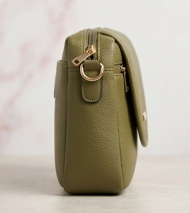 Olive Green Textured Faux Leather Crossbody Bag with Gold Hardware - Image 3