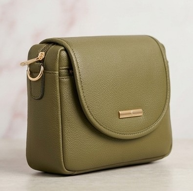 Olive Green Textured Faux Leather Crossbody Bag with Gold Hardware - Image 5