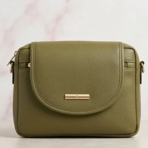 Olive Green Textured Faux Leather Crossbody Bag with Gold Hardware