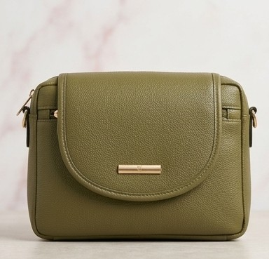 Olive Green Textured Faux Leather Crossbody Bag with Gold Hardware