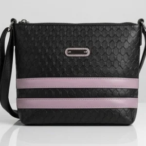 Textured Black Crossbody Bag with Mauve Accent Stripes